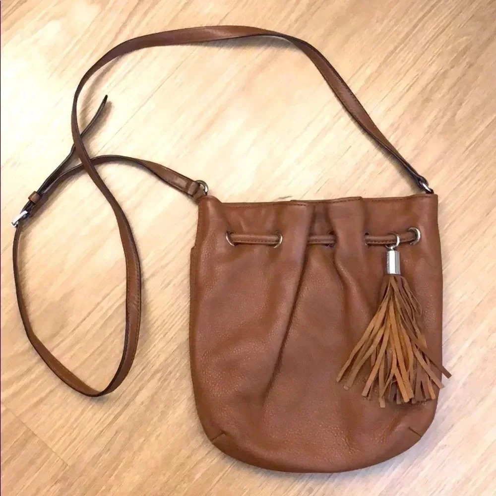 Michael Kors Brown Leather Tassel Crossbody Bucket Bag